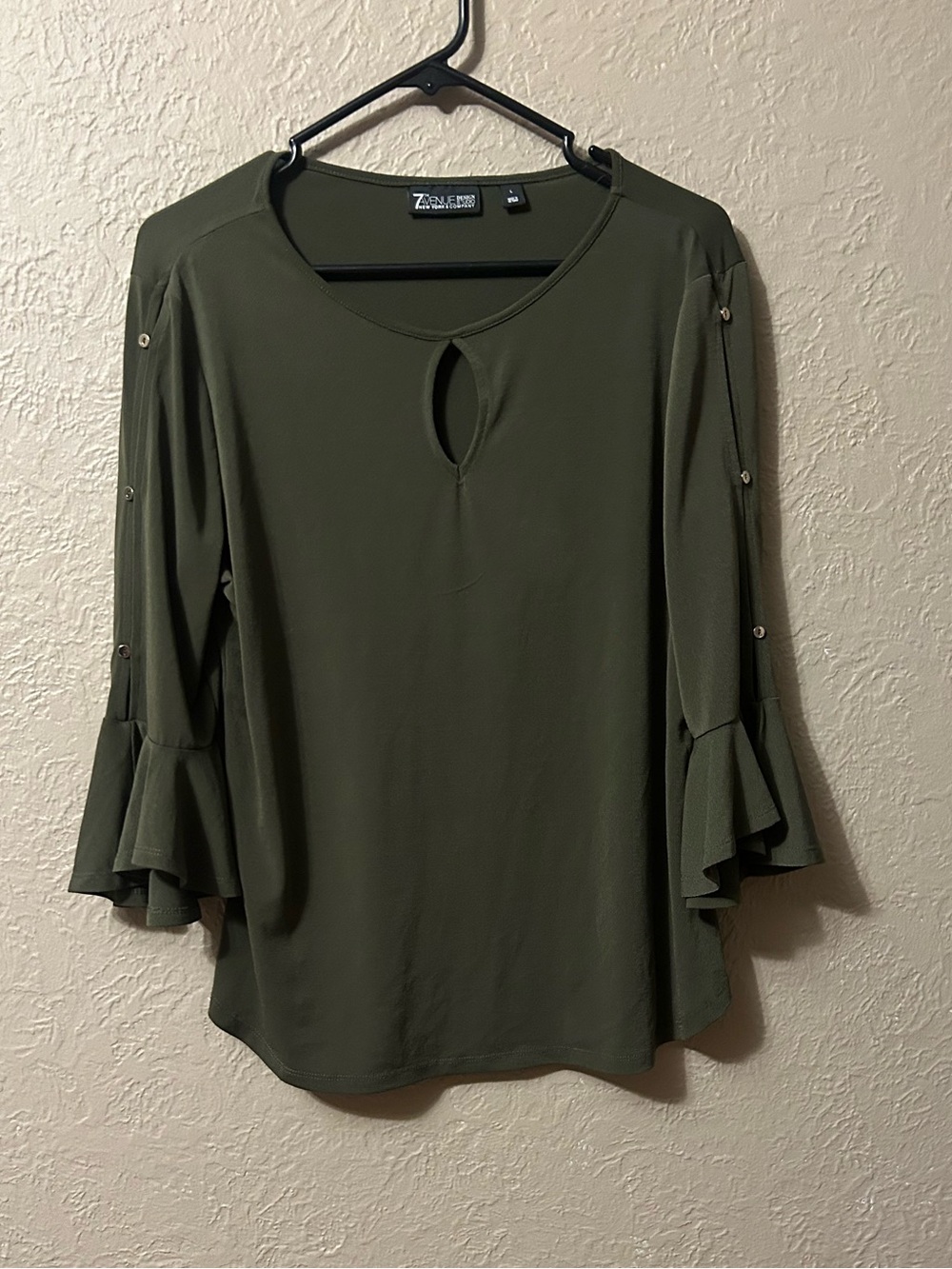 Avenue Olive Green Keyhole Ruffle-Sleeve Blouse